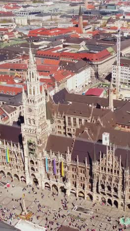 Vertical drone shot over Munich’s Marienplatz, showing iconic streets and architecture.