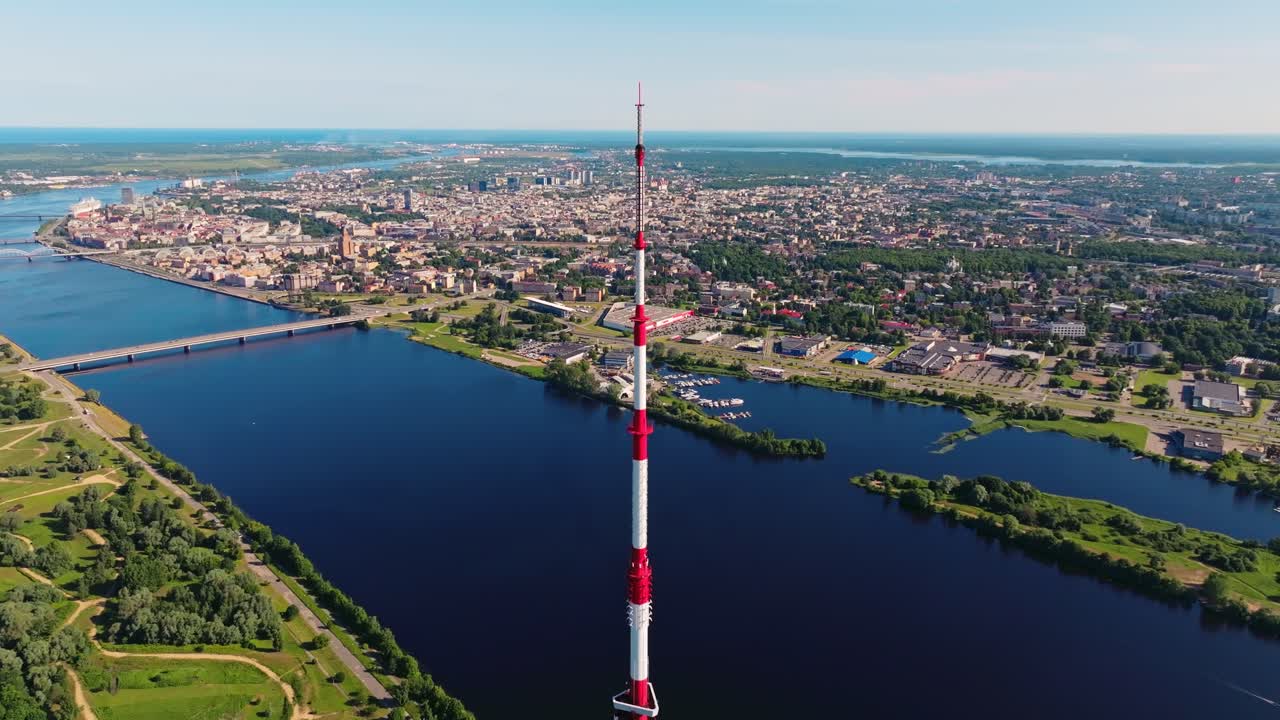 Baltic tower rising 368 meters on Zaķusala island with Riga city panorama