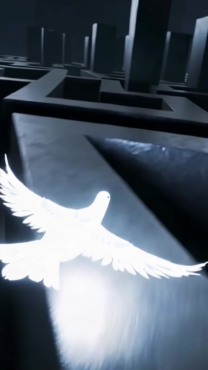 Vertical video: Panning camera urging glowing dove weaving through dark pillar maze, passing ledges