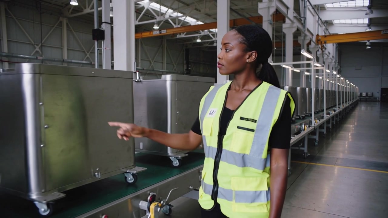 Operaio di linea con giubbotto neon che ispeziona il fermo del carrello in fabbrica, notando il nastro trasportatore in movimento, con spazio per il testo