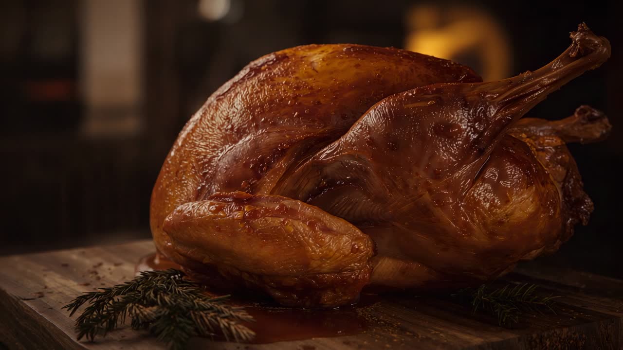 Opening shot revealing roasted turkey resting on wood cutting board at kitchen with pine sprigs
