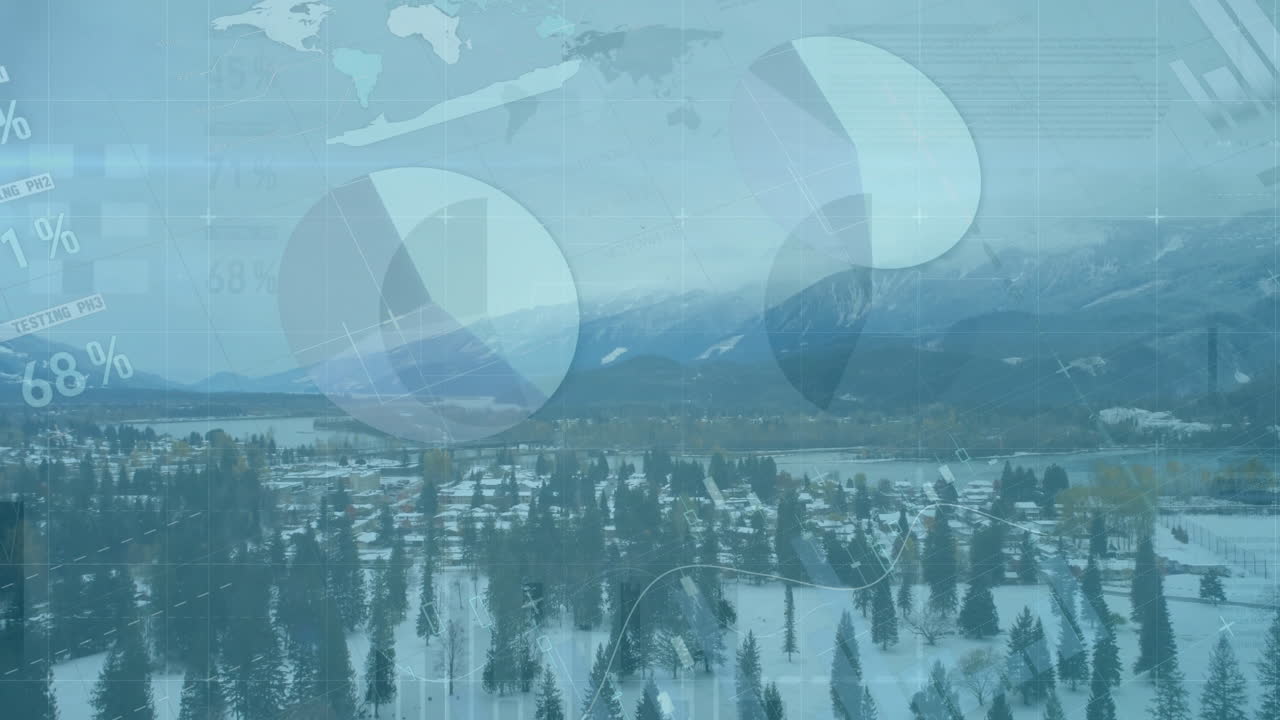 Pie chart and data processing animation over snowy mountain landscape
