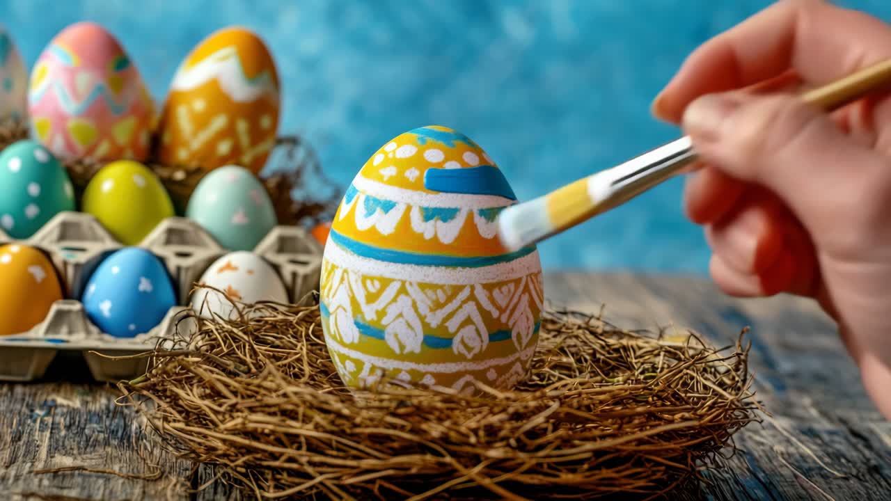 Close-up video shot of a hand painting an Easter egg in a nest