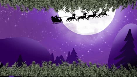 Animation-of-santa-claus-in-sleigh-with-reindeer-over-winter-landscape-and-moon