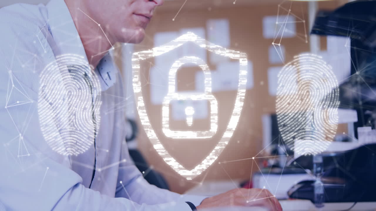 락의 애니메이션과 데이터 처리가 사무실에 있는 백인 사업가