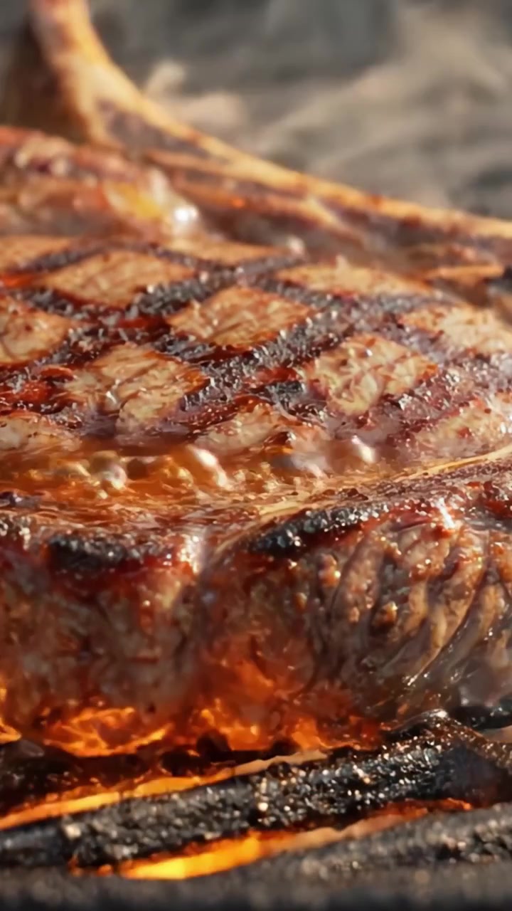 Juicy and Perfectly Grilled Steak Cooking to Perfection Over Hot Coals, Showcasing Sizzling Juices and Perfect Grill Marks in Every Bite