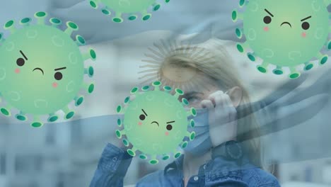 Animation-of-virus-cells-and-flag-of-argentina-over-caucasian-woman-with-face-mask