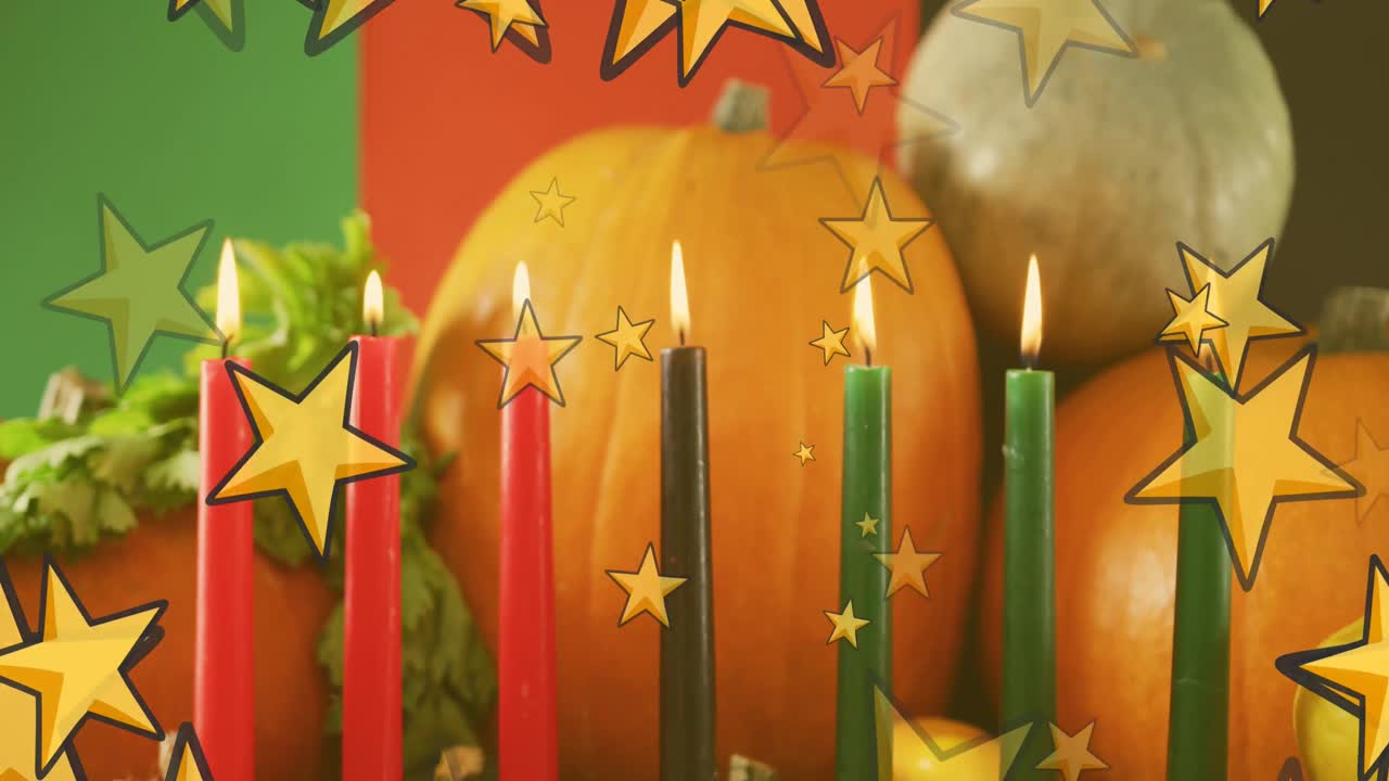 animación de estrellas doradas sobre velas kwanzaa y calabazas