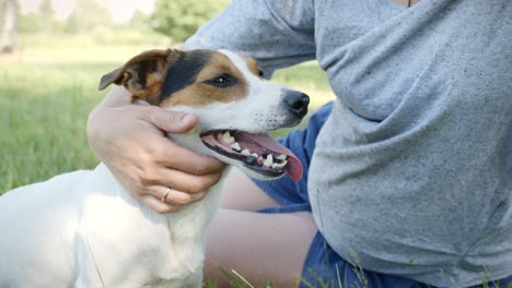 woman with her dog on the grass