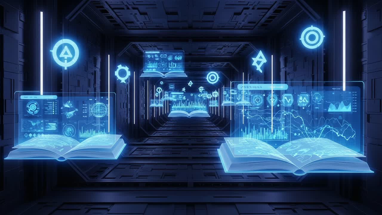 Futuristic Digital Library with Holographic Books and Data Visualization in a High-Tech Environment, Showcasing Cutting-Edge Information Technology and Learning Space