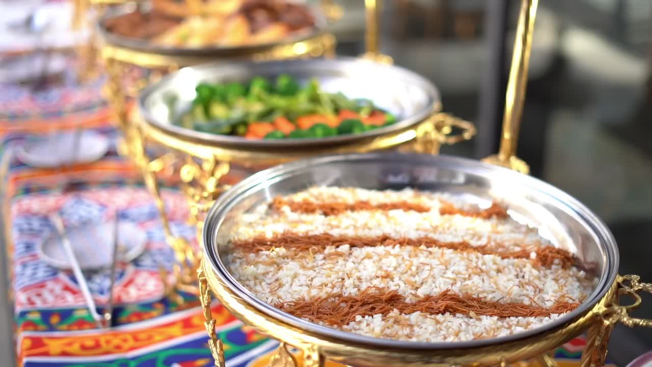 view of dish consisting of white rice and roasted vermicelli, close up shot, high angle shot