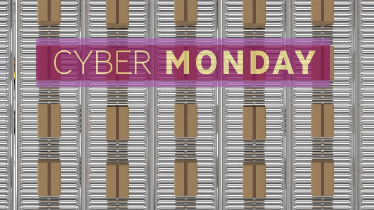 컨베이어 벨트에 있는 카드보드 상자 위에 있는 사이버 월요일 텍스트의 애니메이션