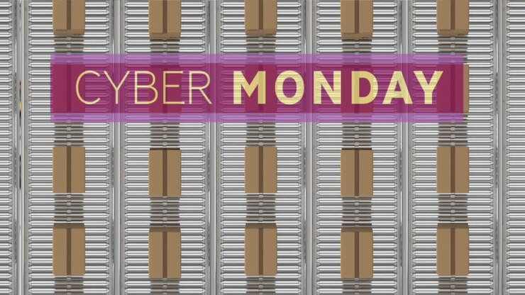 Animazione di testo cyber monday su scatole di cartone su nastri trasportatori