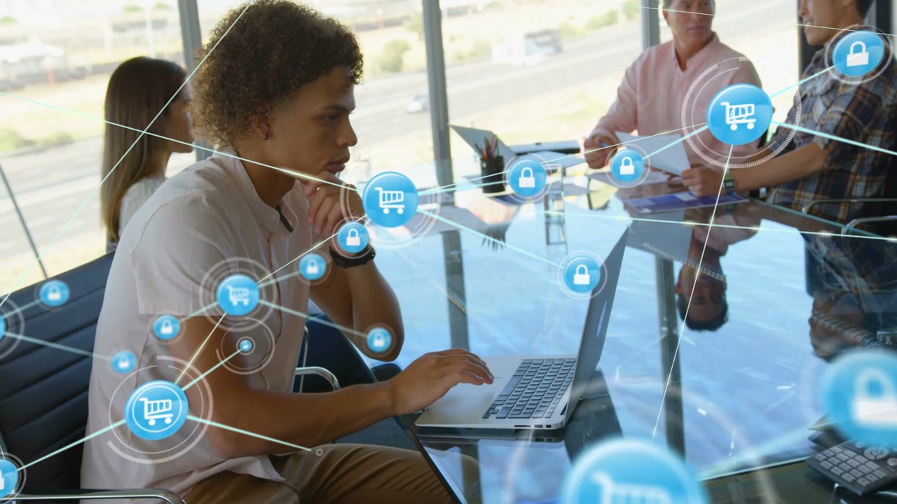 Male team member typing laptop in business, generating blue cart and lock network linking team
