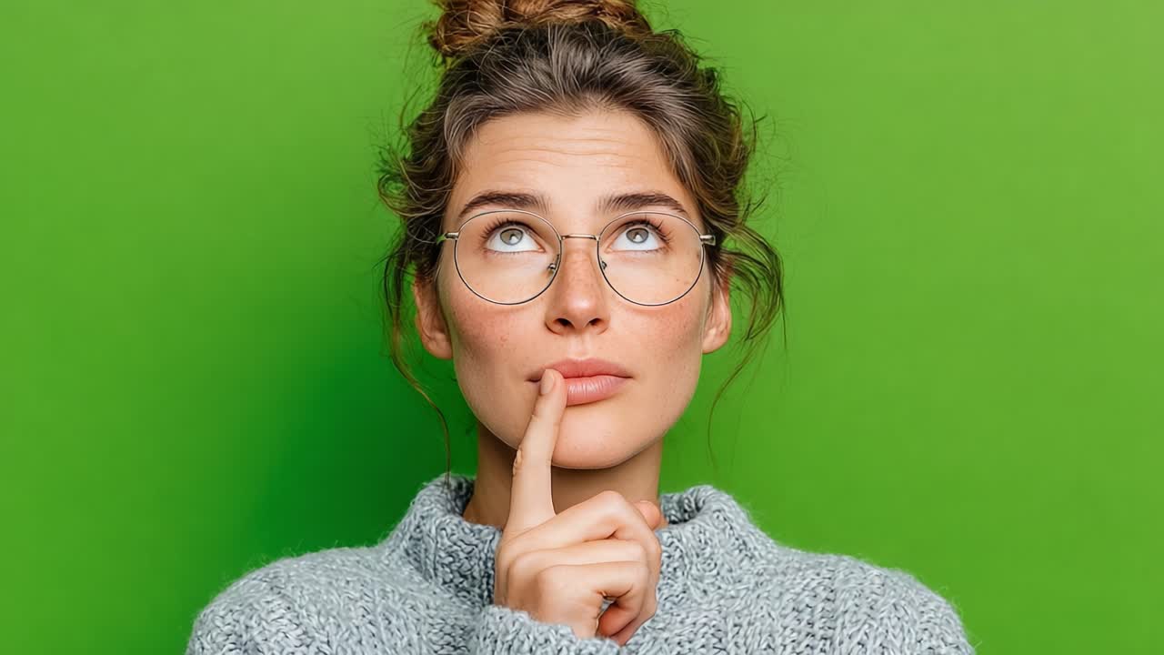 Joven contemplativa posando pensativamente con un dedo en los labios sobre un vibrante fondo verde, provocando curiosidad e intriga.