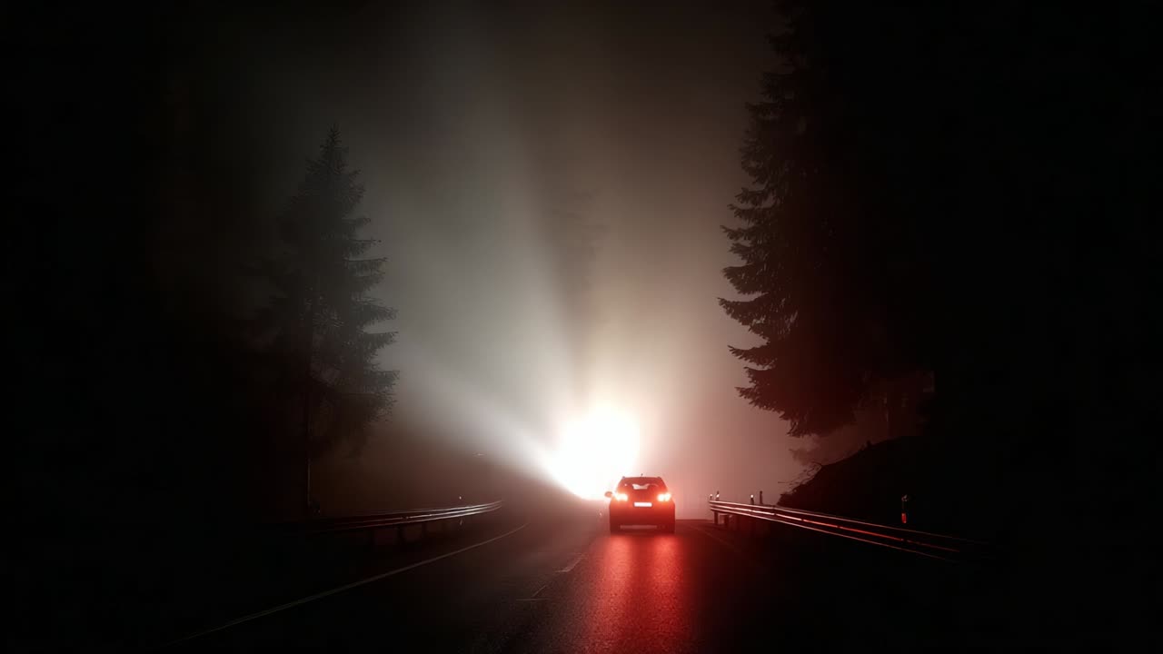A Mysterious Journey Through Fog: Captivating Images of a Car Navigating a Fog-Shrouded Roadway, Illuminated by Brilliant Headlights Amidst Eerie Silence and Enigmatic Trees