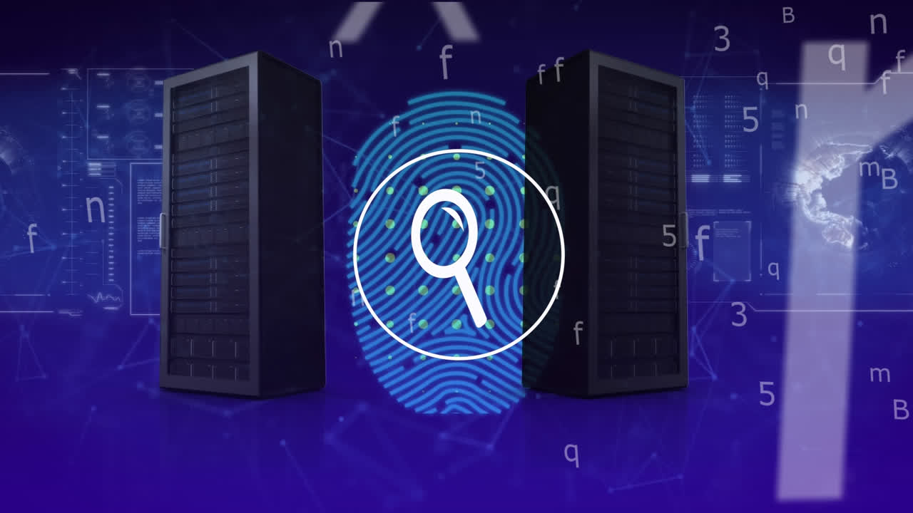 animación del icono de la lupa digital, los servidores informáticos y el procesamiento de datos