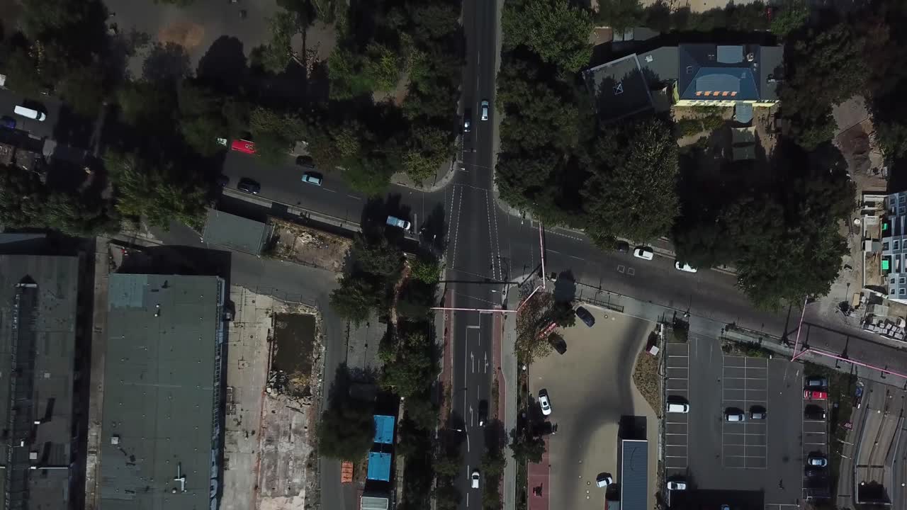 Aerial Overhead Shot of Busy Street in the German Capital of Berlin. Shot can pass for different Eastern European or American cities.