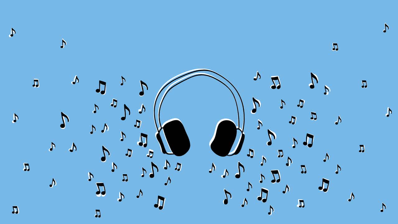 파란색 배경의 음표로 둘러싸인 헤드폰의 반복 가능한 애니메이션