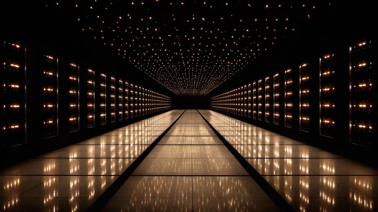 Illuminated Corridor with Reflective Surface and Starry Light Display Creating a Stunning Visual Depth and Atmosphere in a Dimly Lit Environment