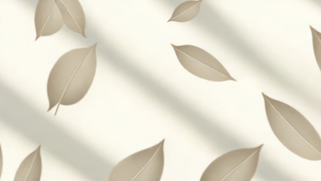 Foglie beige che fluttuano, entrando da destra e riempiendo il centro attraverso una parete color crema pallido con fasce grigie