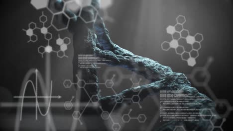 dna, 과학적 데이터와 어두운 회색 배경에서 움직이는 빛의 샤프트