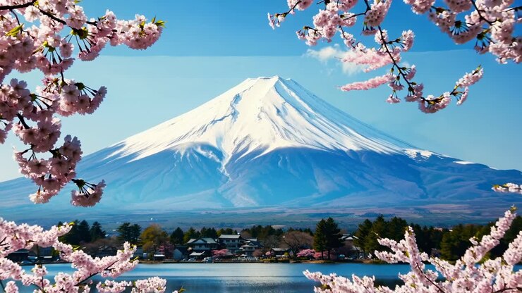 Fotogramma video suggestivo del Monte Fuji incorniciato da fiori di ciliegio. Catturato da un'angolazione bassa.