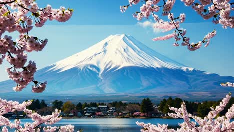 scenic video still of mount fuji framed by cherry blossoms. captured from a low angle