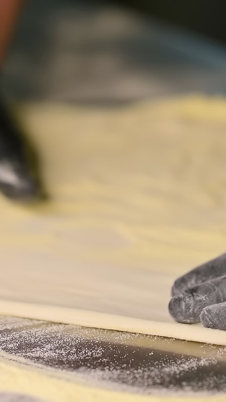 Preparation of pizza dough. Chefs in protective gloves preparing pizza in the kitchen of restaurant