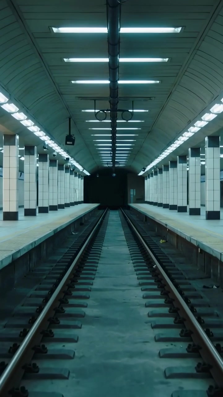 Video verticale: Telecamera in movimento che avvicina i binari all'interno di un tunnel in una stazione della metropolitana per mostrare un chip giallo
