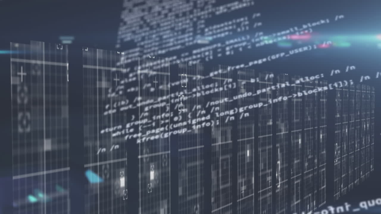 Animation of numbers changing with light trails over tech room with computer servers