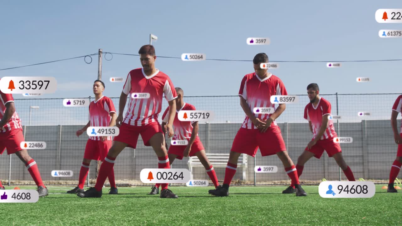 훈련 중 다양한 남성 축구 선수 팀에 대한 소셜 미디어 반응의 애니메이션