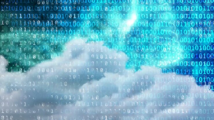 Animation of data processing over sky with clouds