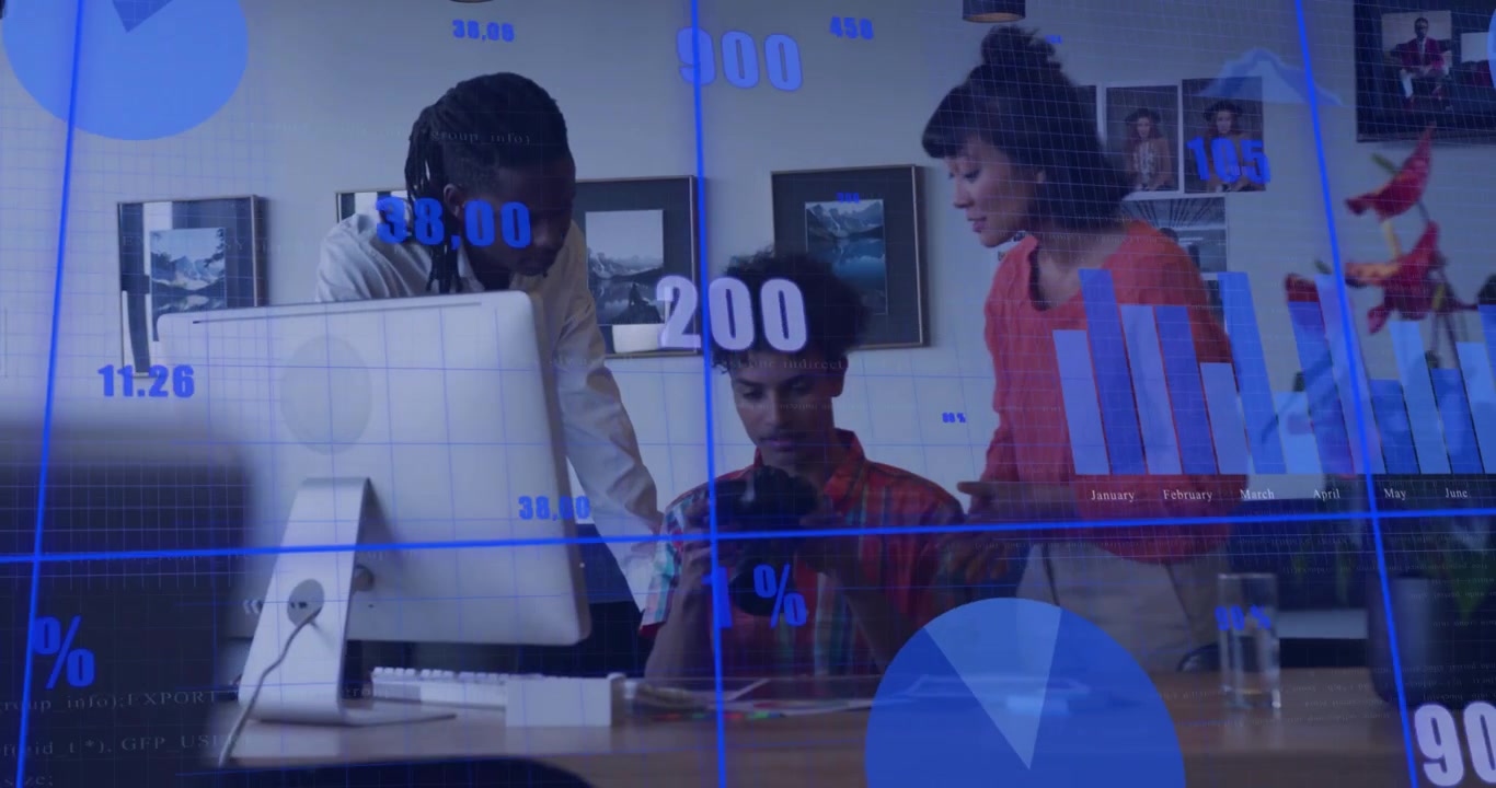 Photographer scrolling DSLR images, colleague pointing screen revealing graphs for design review