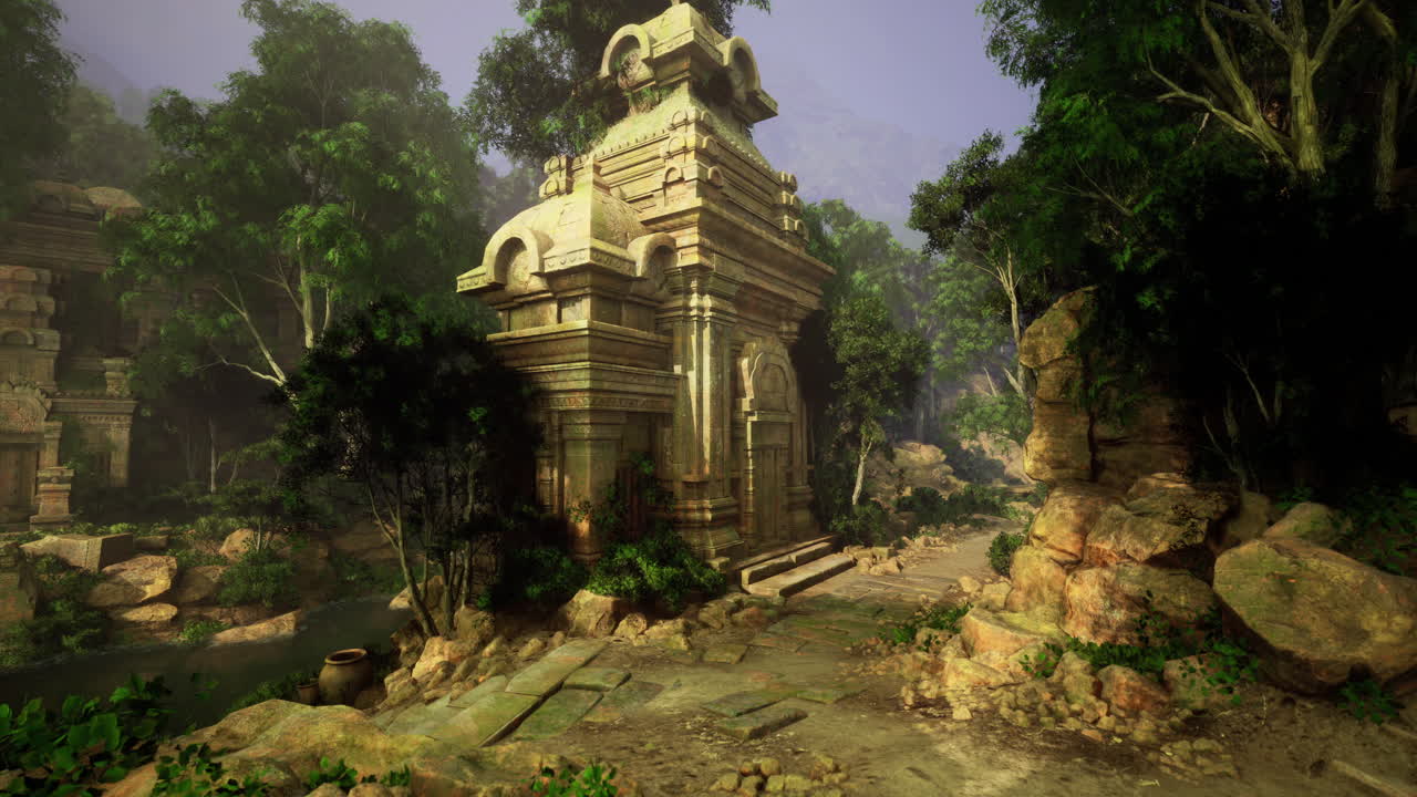Ancient ruins surrounded by lush jungle vegetation during daylight