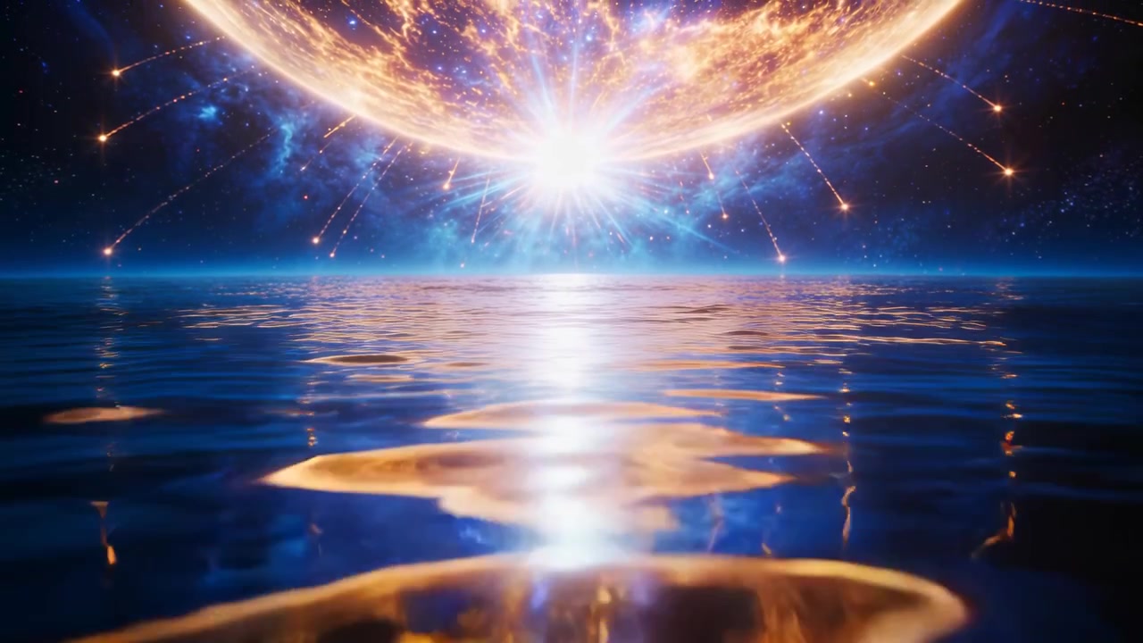 Flaring burst emitting from luminous body, sending golden ripples and meteor streaks across ocean