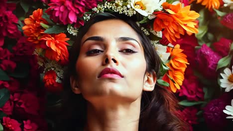 a woman with a flower crown on her head surrounded by flowers