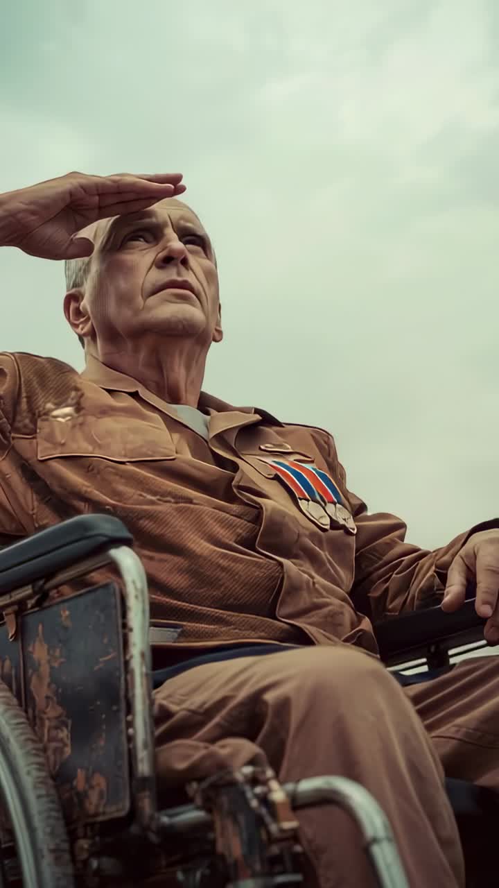Vertical video: Looking up vet in wheelchair raising hand into salute, wearing military coat medals