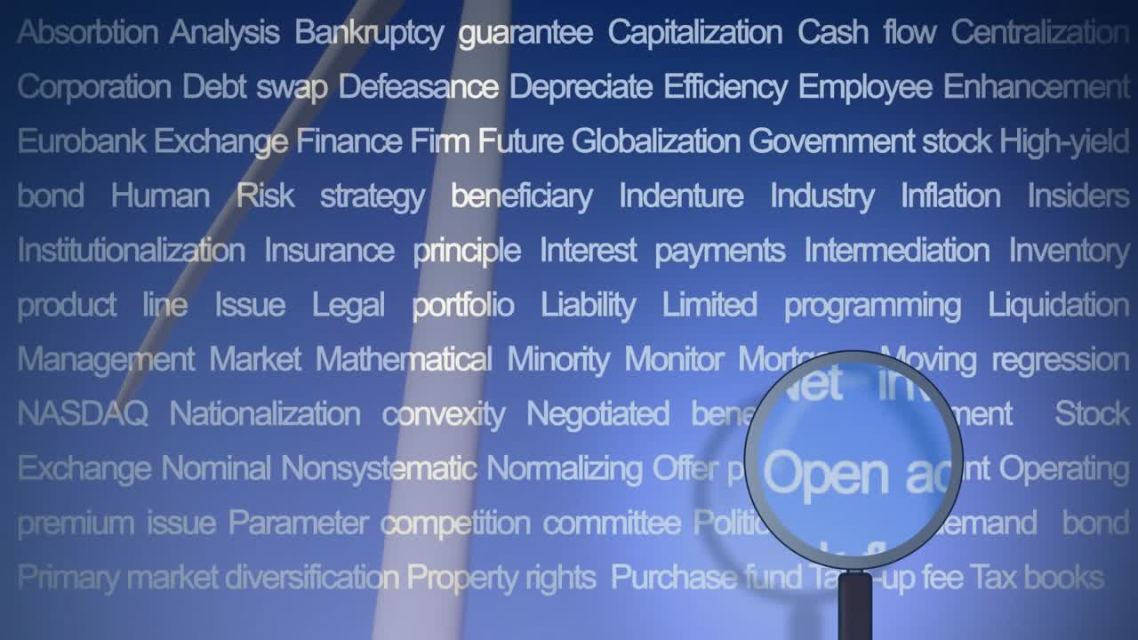Una lente d'ingrandimento blu che appare e poi si muove attraverso una nuvola di parole finanziarie, ingrandendo i termini per l'analisi