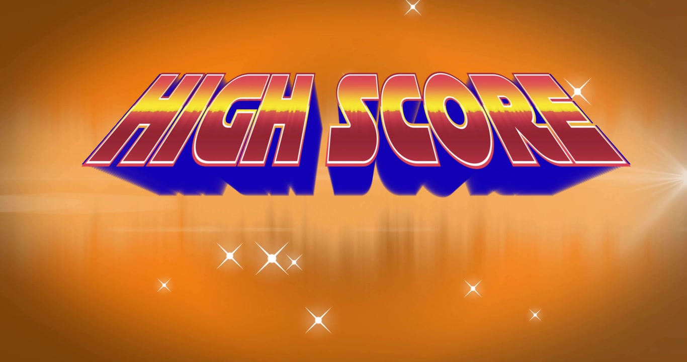 Sfumatura arancione calda che inizia, scritta 3D HIGH SCORE che emerge, scintillii che fluttuano celebrando la vittoria