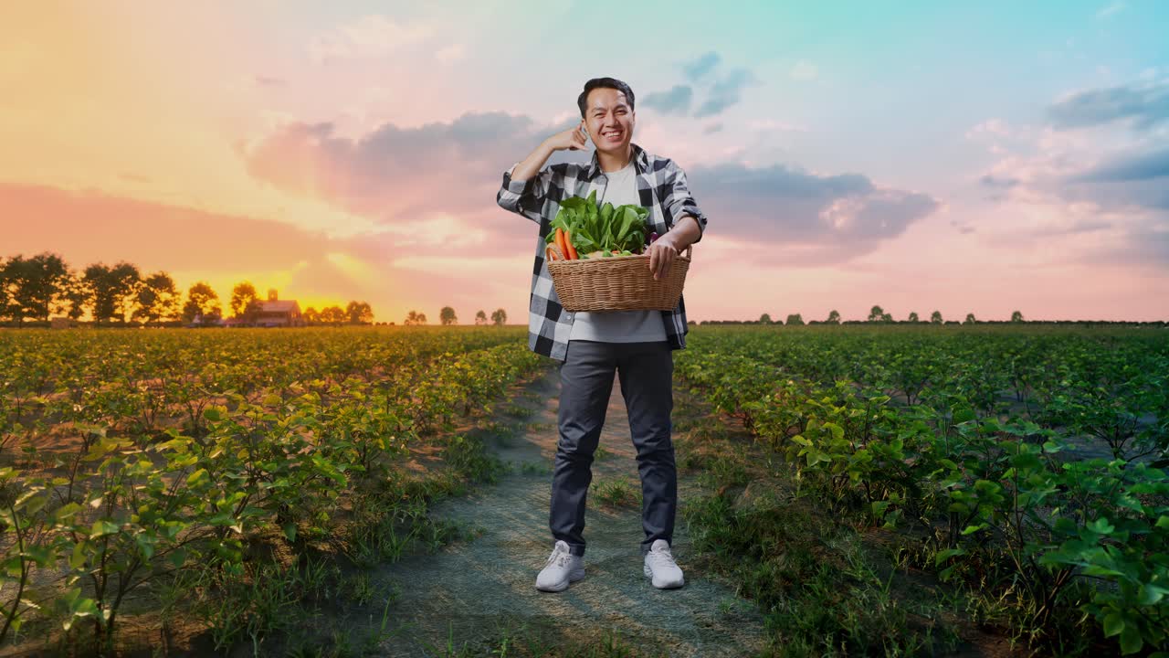 채소 바구니를 가진 아시아 남성 농부의 몸이 가득 차 있습니다. 따뜻하게 미소 짓고 에서 전화 제스처를 하고 있습니다.