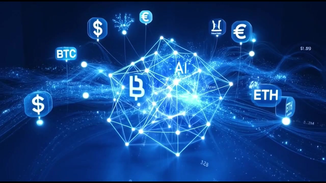 Sfera di rete digitale con icone di criptovaluta e intelligenza artificiale