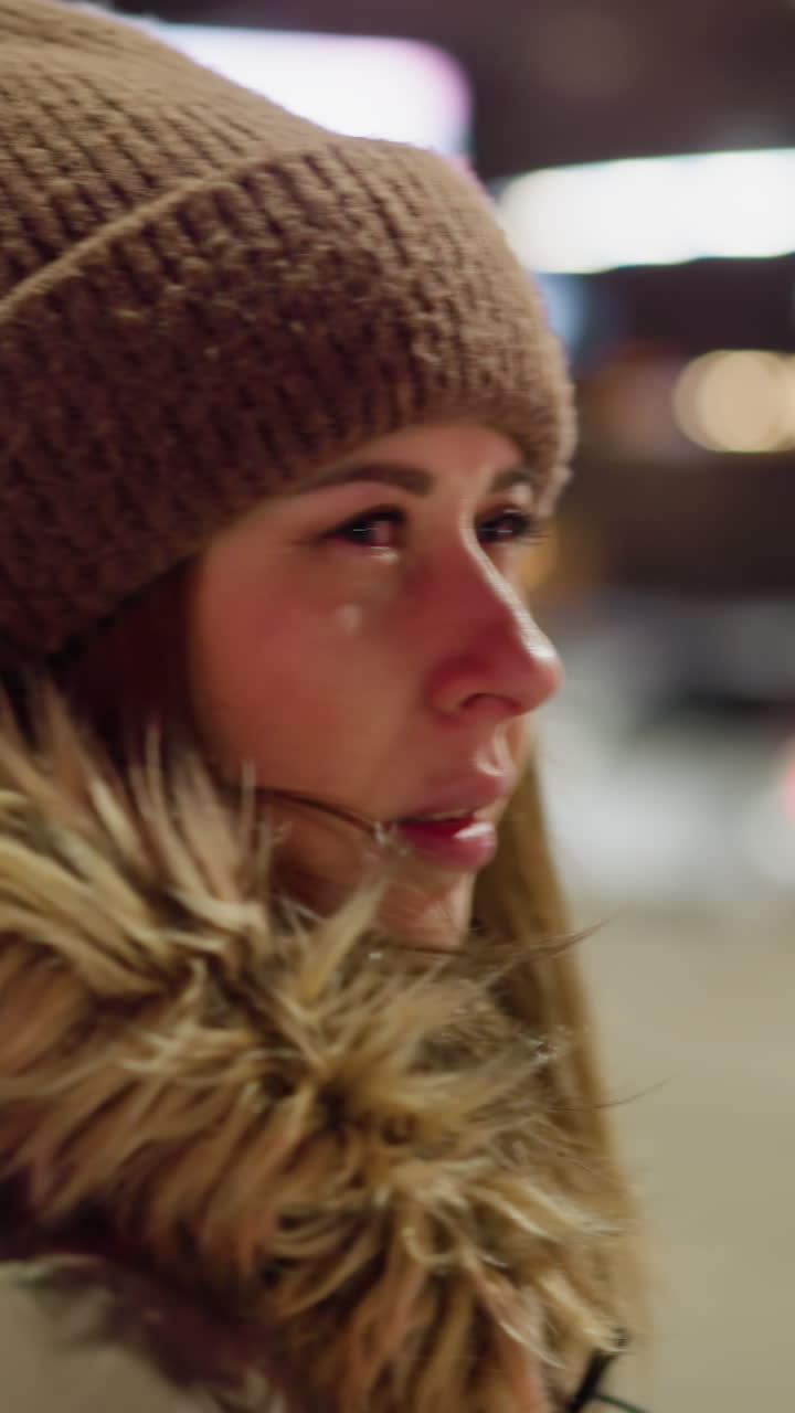 вид от первого лица женщины в зимнем пальто с меховым капюшоном, смотрящей налево, а затем направо, когда перед ней проезжает грузовик. на заднем плане видны размытые машины в движении
