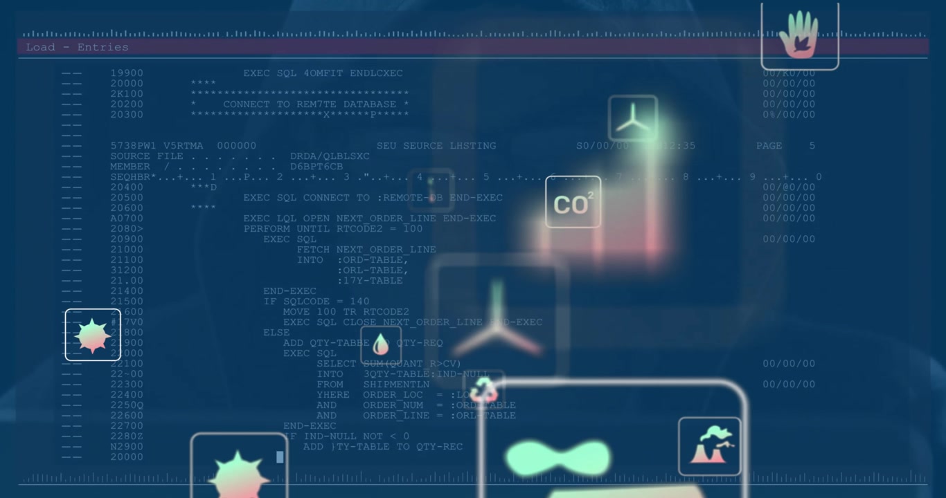 Data analyst typing database query on laptop generating icons and code display for eco metrics