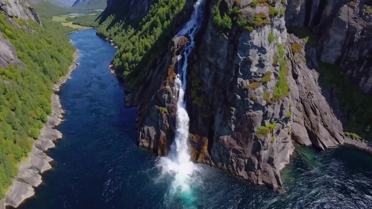 Vista aerea di una maestosa cascata che si getta in un fiordo in Norvegia