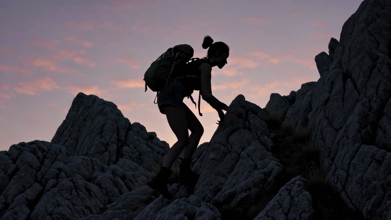Woman Hiking in the Mountains at Sunset