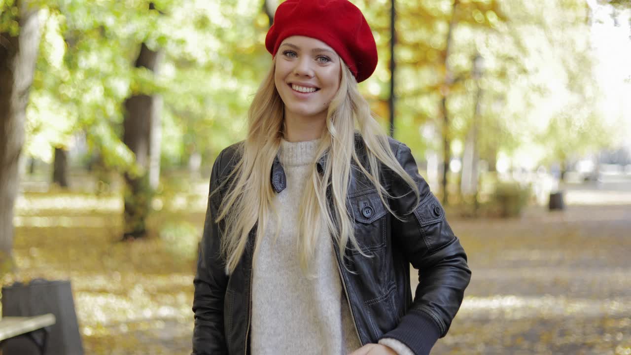 Happy woman in red beret