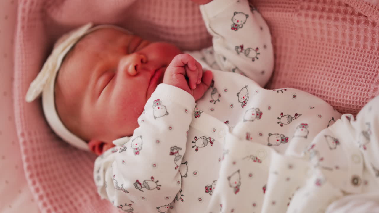 Nahaufnahme eines neugeborenen Babys, das auf einer rosa Decke schläft und gemusterte Kleidung trägt