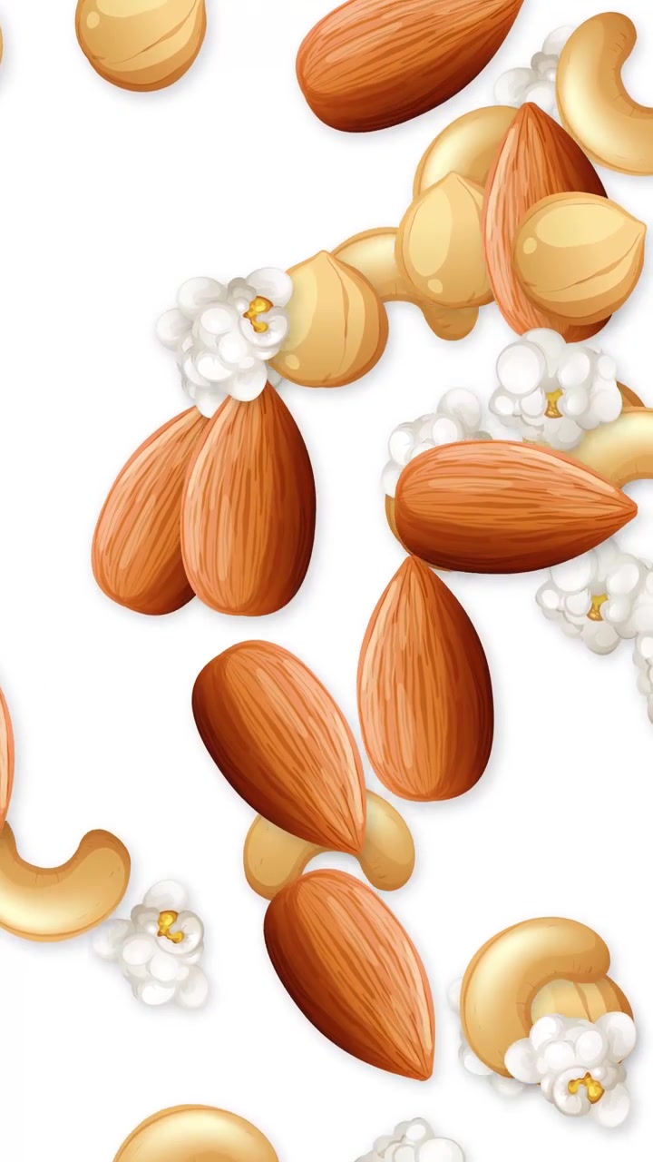 Dynamic vertical animation of almonds, cashews, hazelnuts, and popcorn falling against a white background.