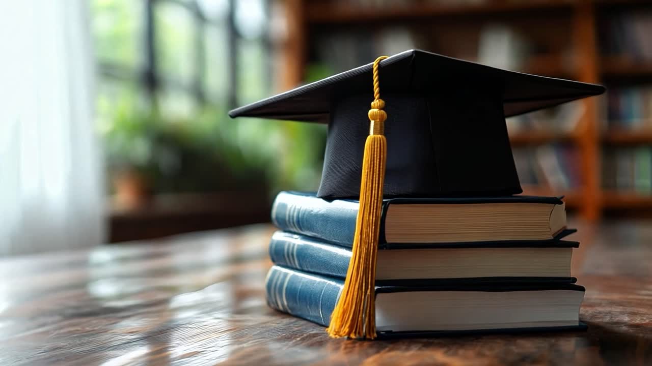 gorra de graduación en una pila de libros